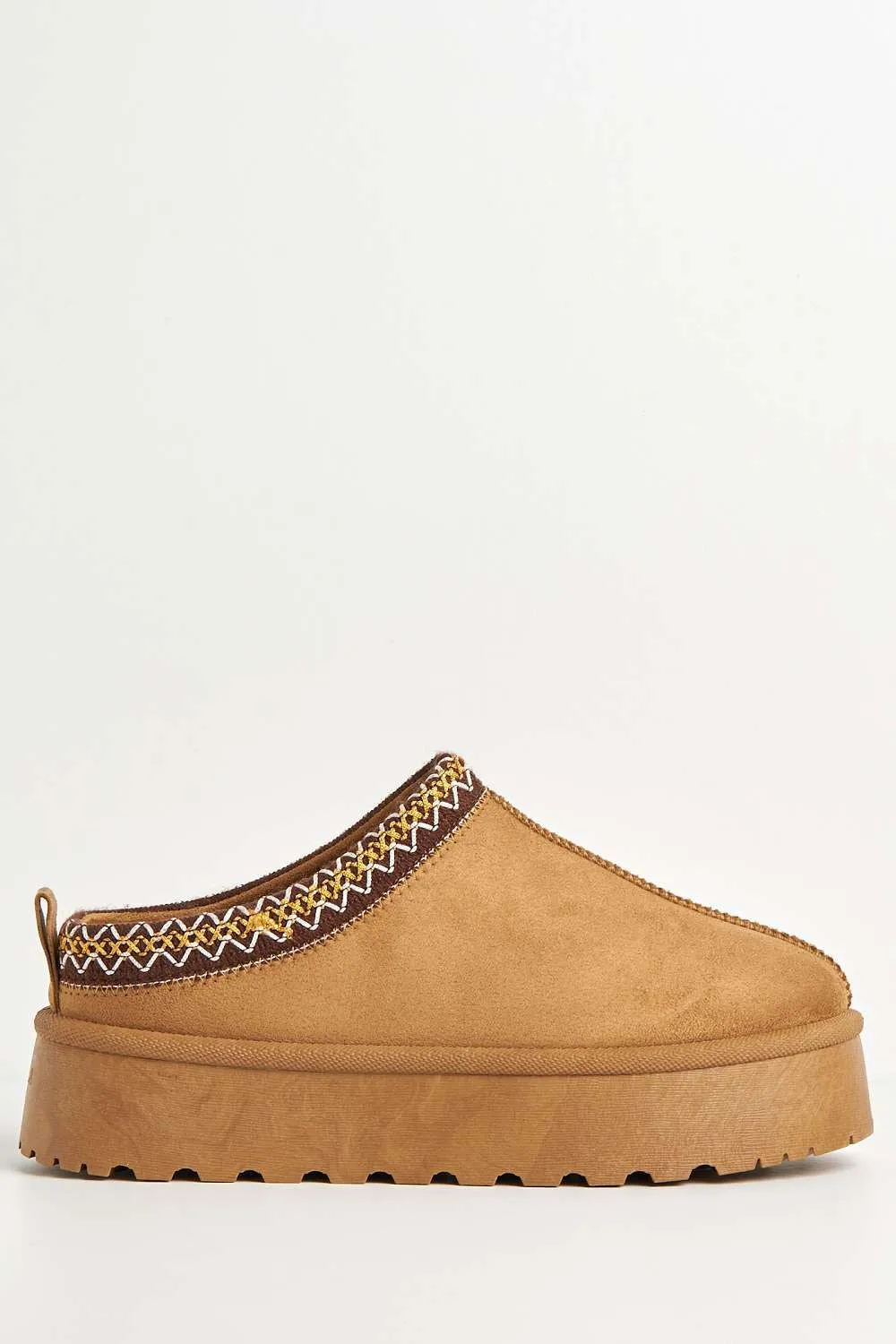 Astri Faux Fur Lining Knit Pattern Detail Flatform Slippers in Camel