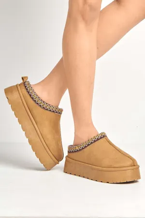 Astri Faux Fur Lining Knit Pattern Detail Flatform Slippers in Camel