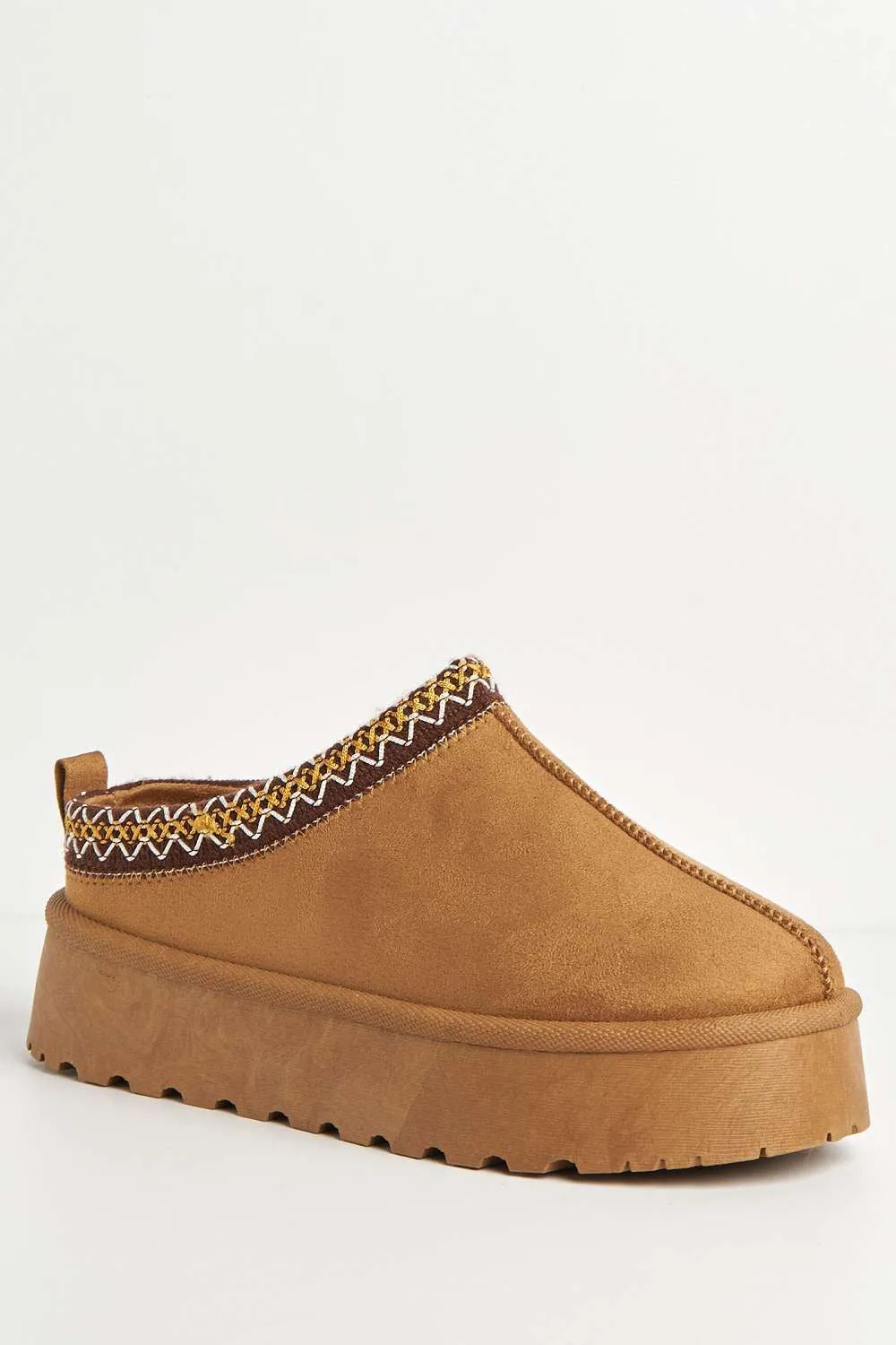 Astri Faux Fur Lining Knit Pattern Detail Flatform Slippers in Camel