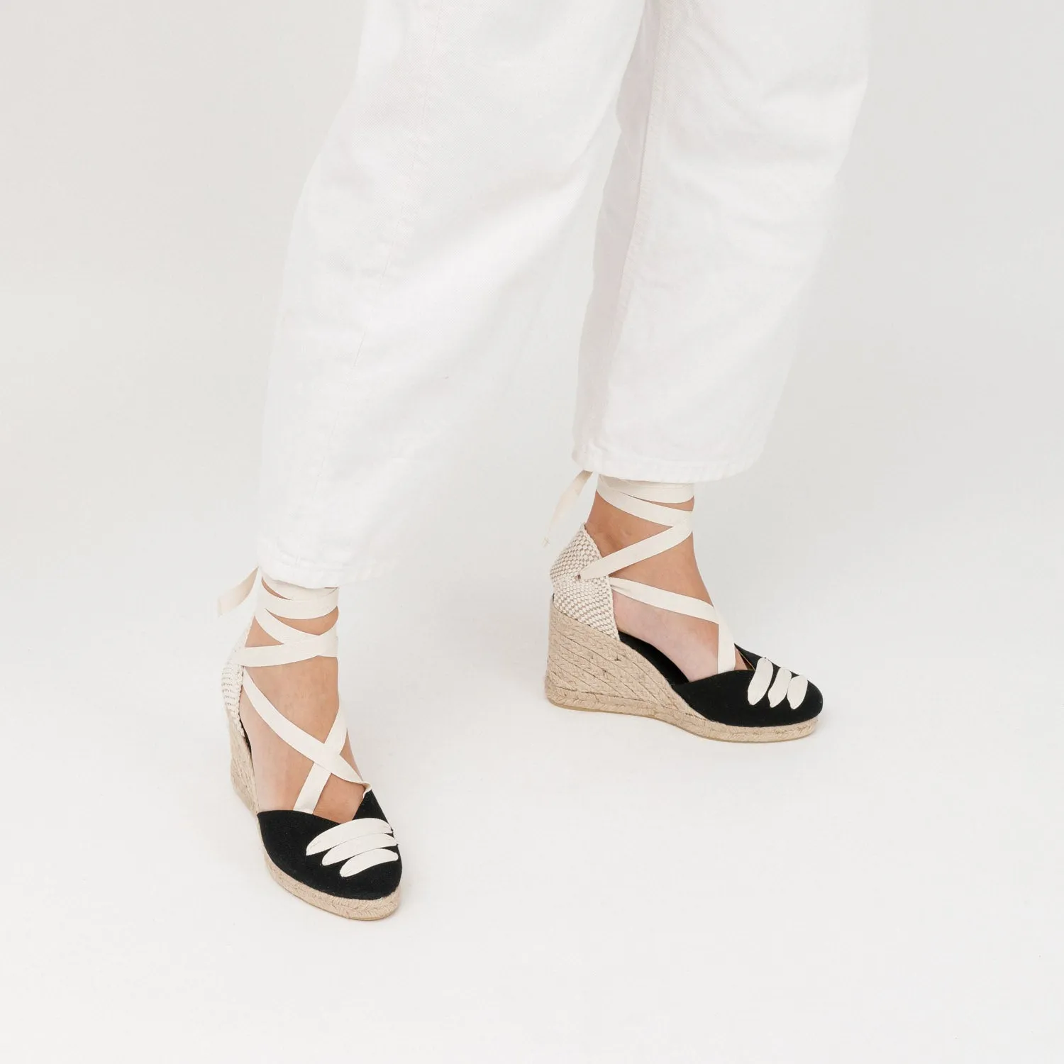 Black Wedge Lace-Up Espadrilles with Shoelace Detail