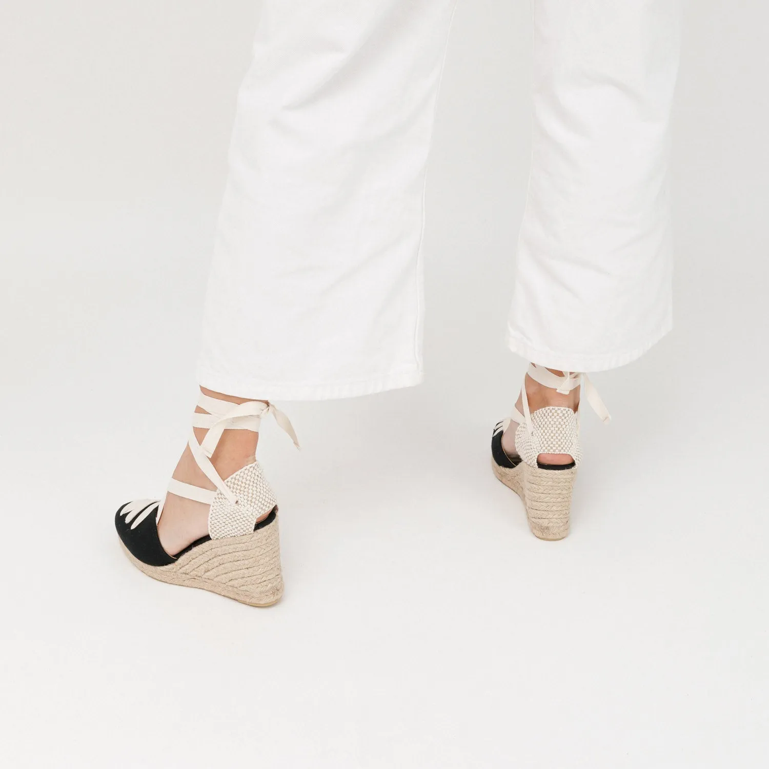 Black Wedge Lace-Up Espadrilles with Shoelace Detail