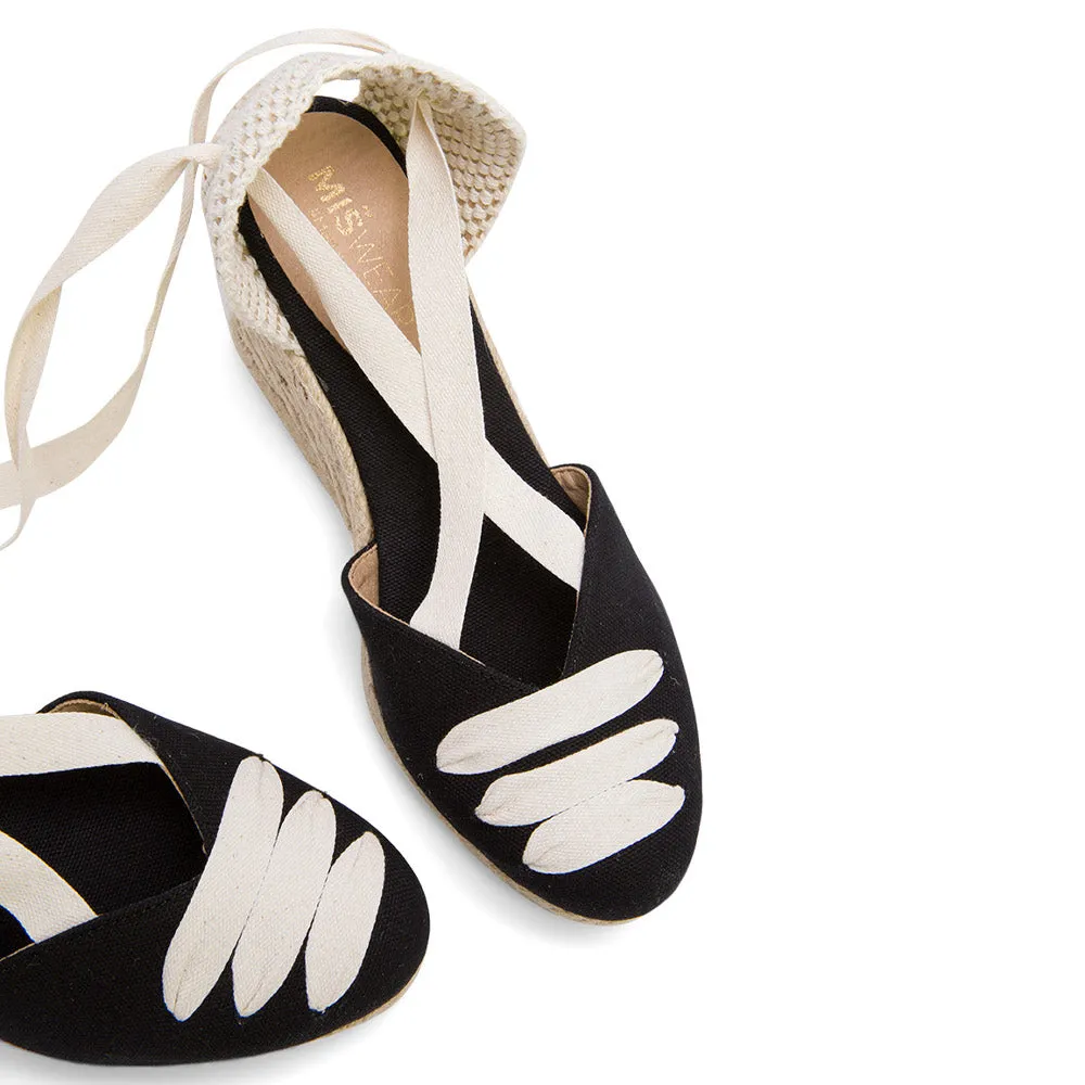 Black Wedge Lace-Up Espadrilles with Shoelace Detail