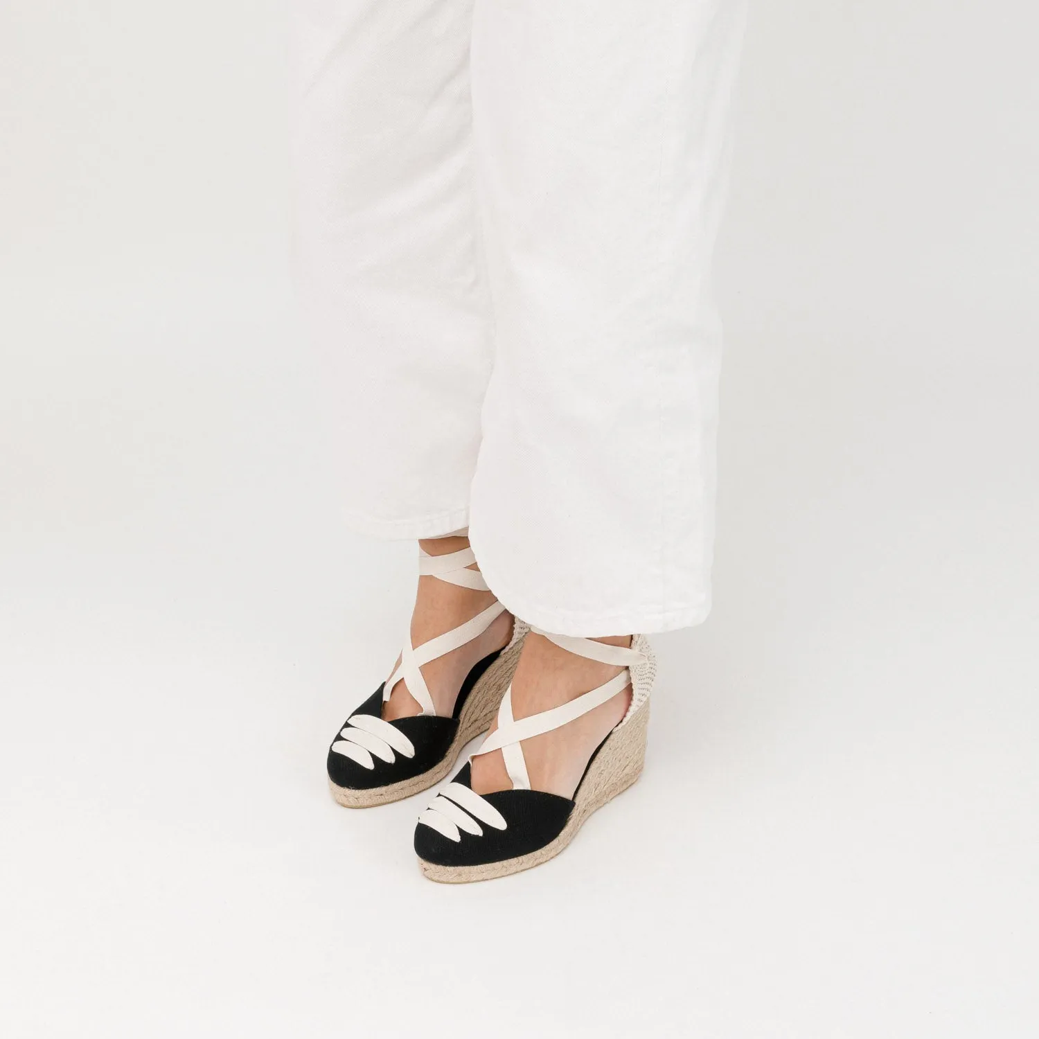Black Wedge Lace-Up Espadrilles with Shoelace Detail