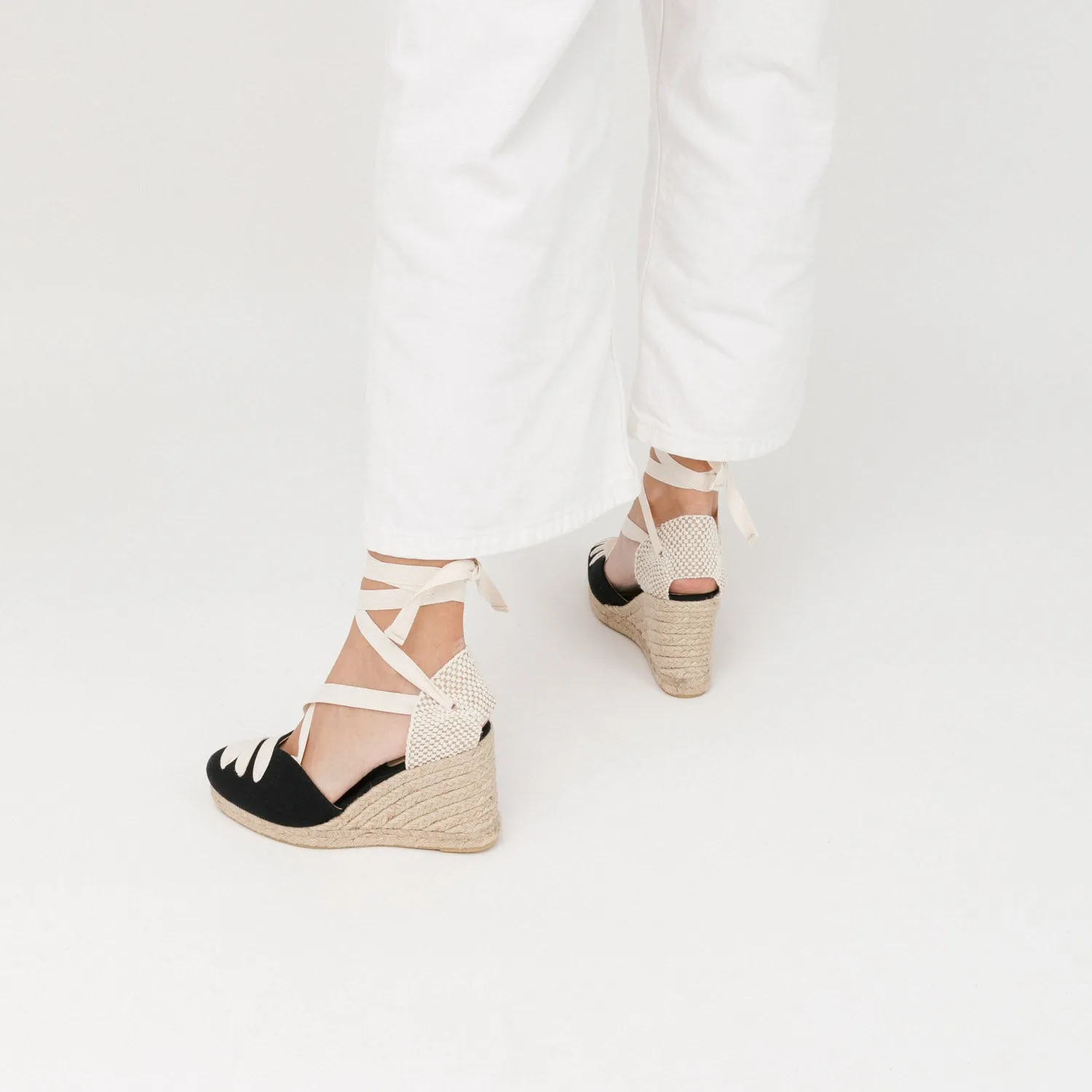 Black Wedge Lace-Up Espadrilles with Shoelace Detail