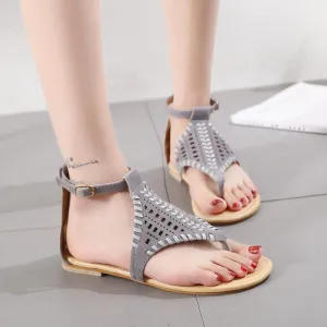 Chicvane Clip Toe Solid Hollow Out Ankle Strap Flat Sandals
