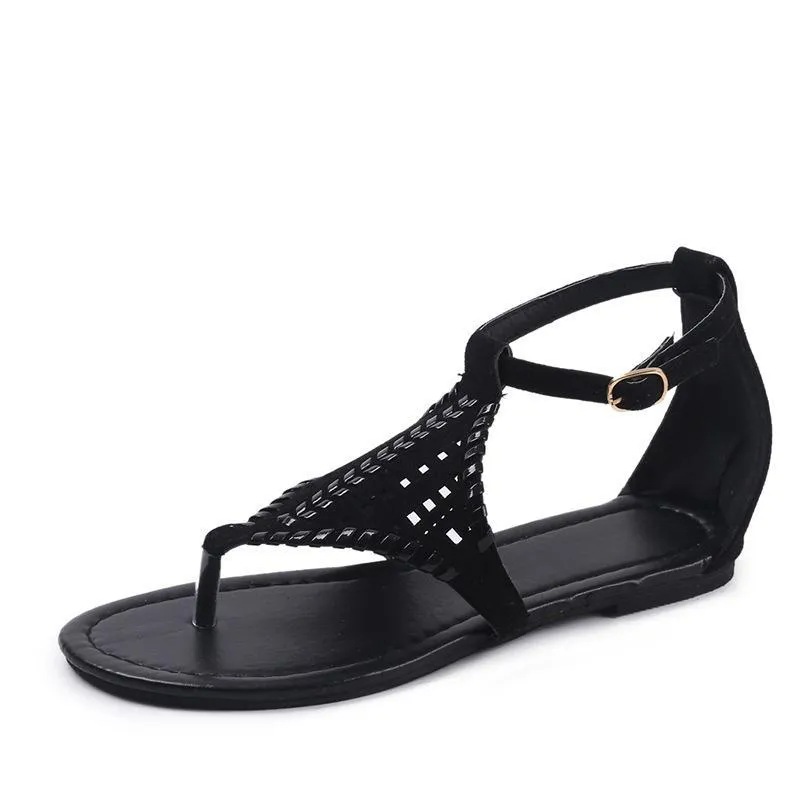 Chicvane Clip Toe Solid Hollow Out Ankle Strap Flat Sandals