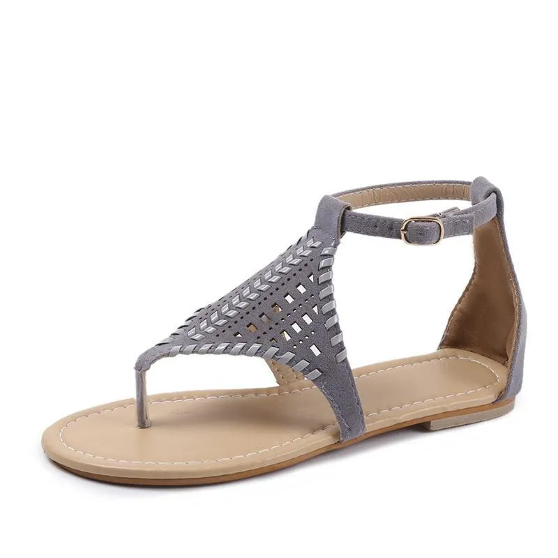 Chicvane Clip Toe Solid Hollow Out Ankle Strap Flat Sandals