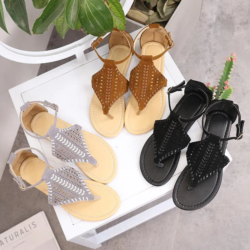 Chicvane Clip Toe Solid Hollow Out Ankle Strap Flat Sandals
