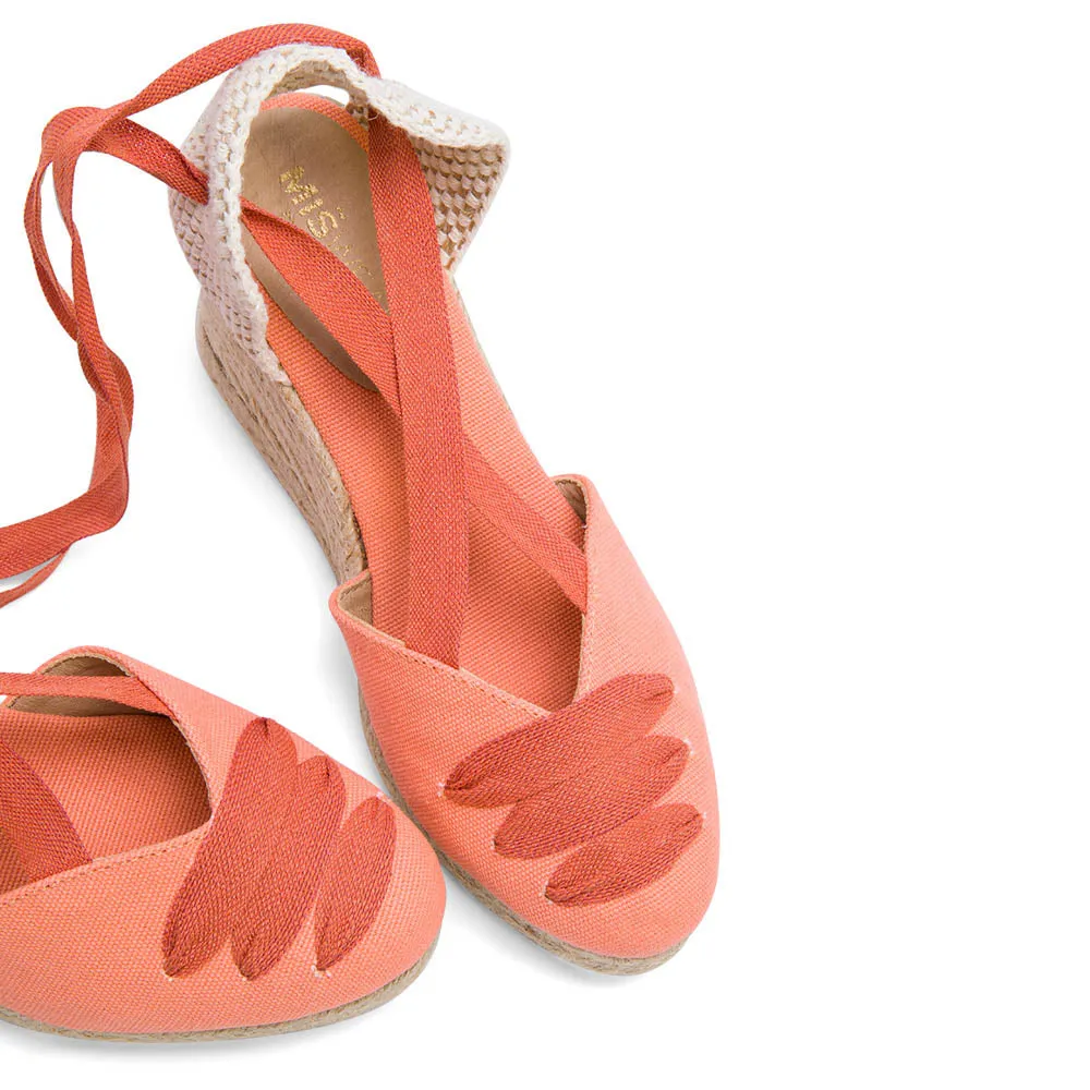Coral Orange Wedge Lace-Up Espadrilles with Shoelace Detail