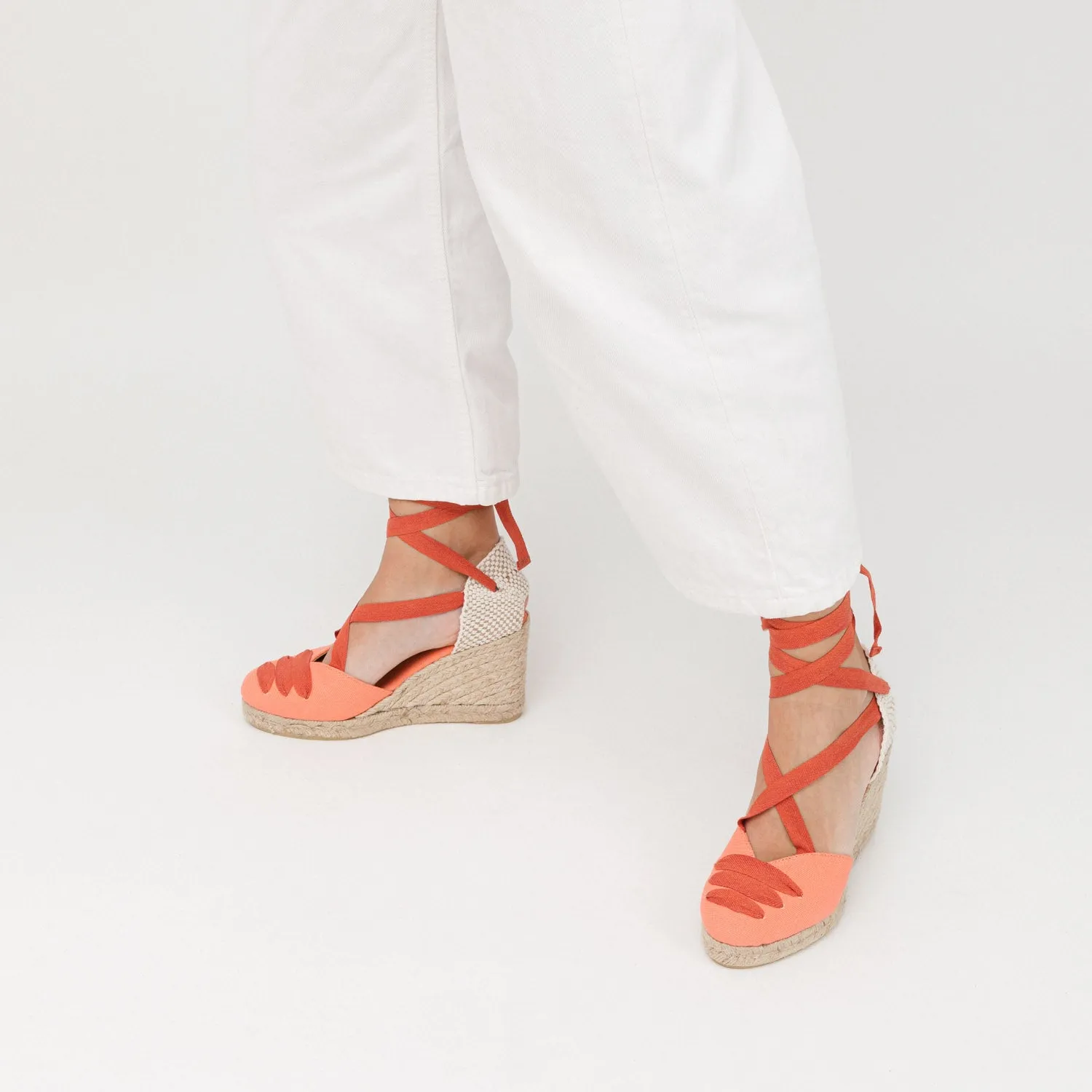 Coral Orange Wedge Lace-Up Espadrilles with Shoelace Detail