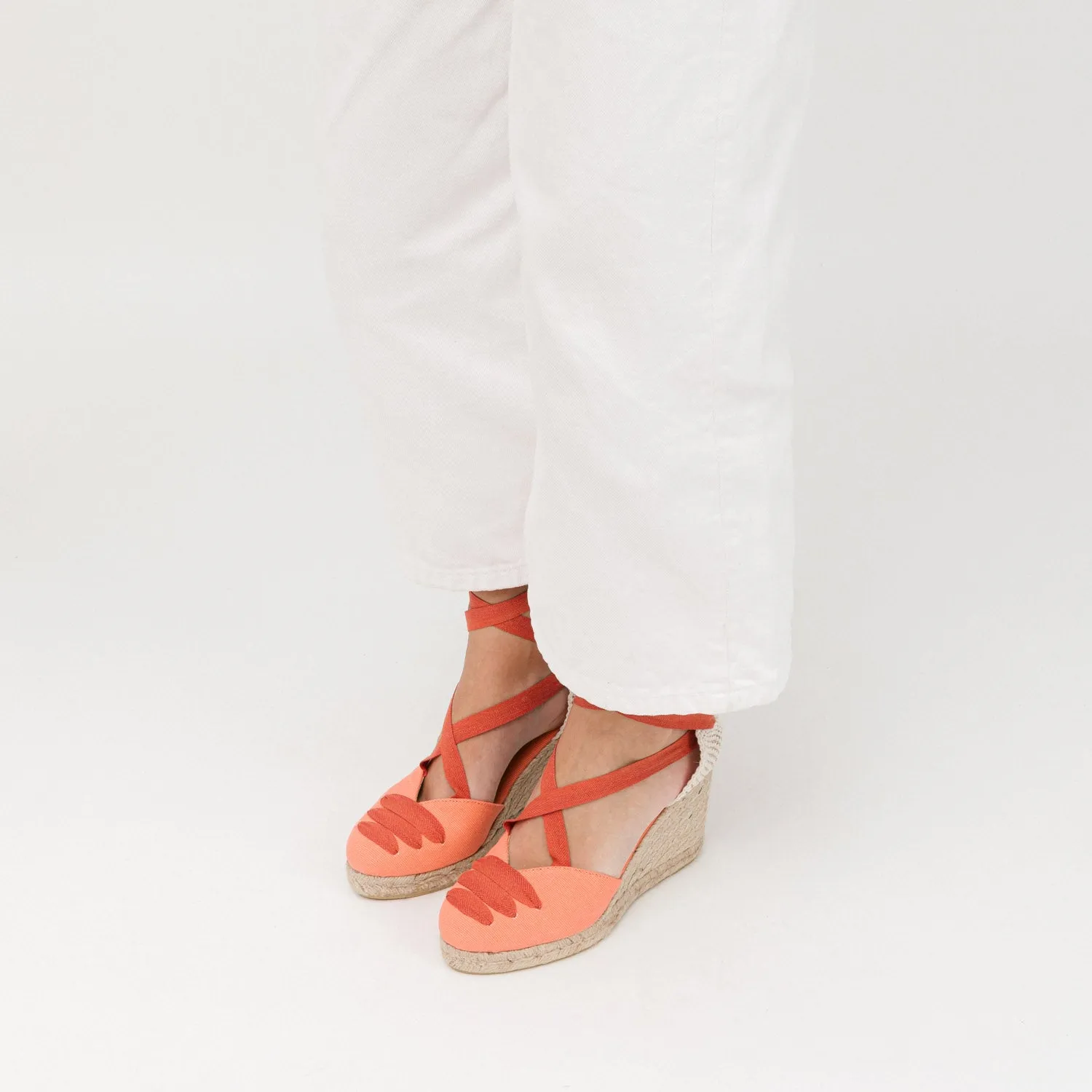 Coral Orange Wedge Lace-Up Espadrilles with Shoelace Detail