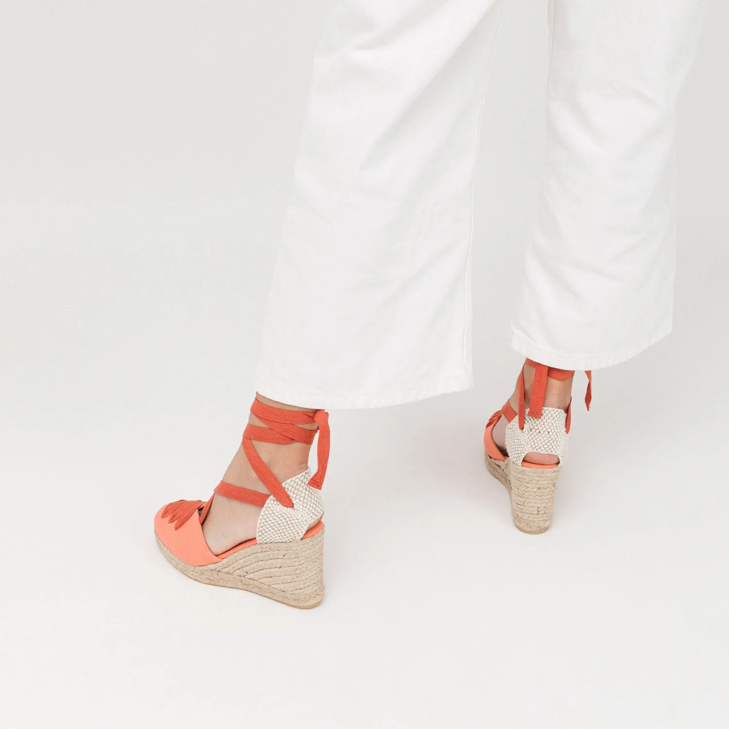 Coral Orange Wedge Lace-Up Espadrilles with Shoelace Detail