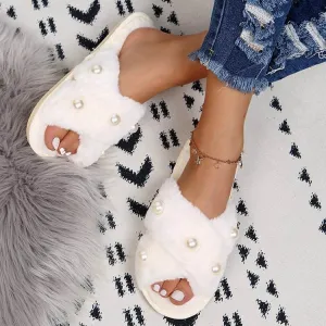 Cozy Pearl Cross Fur Slippers
