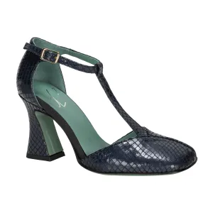 Embossed Snake T-Strap Heel - Navy