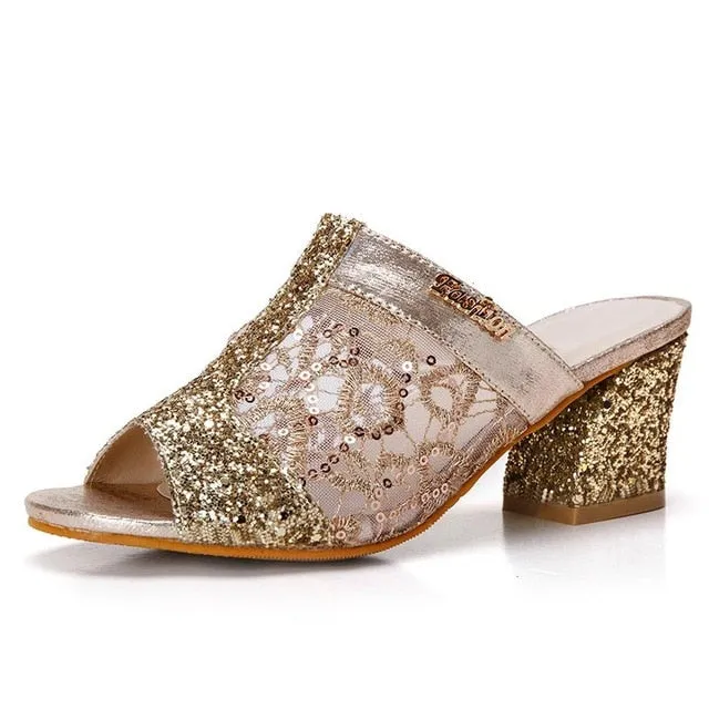 Fashionable Casual Ladies' Bling Square Heel Sandals