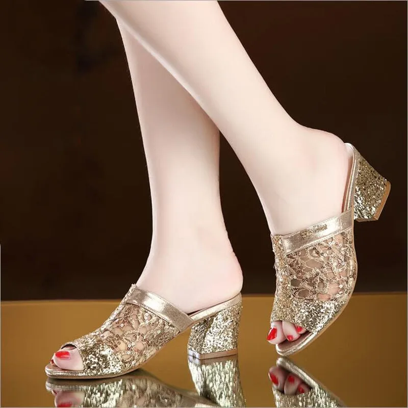 Fashionable Casual Ladies' Bling Square Heel Sandals