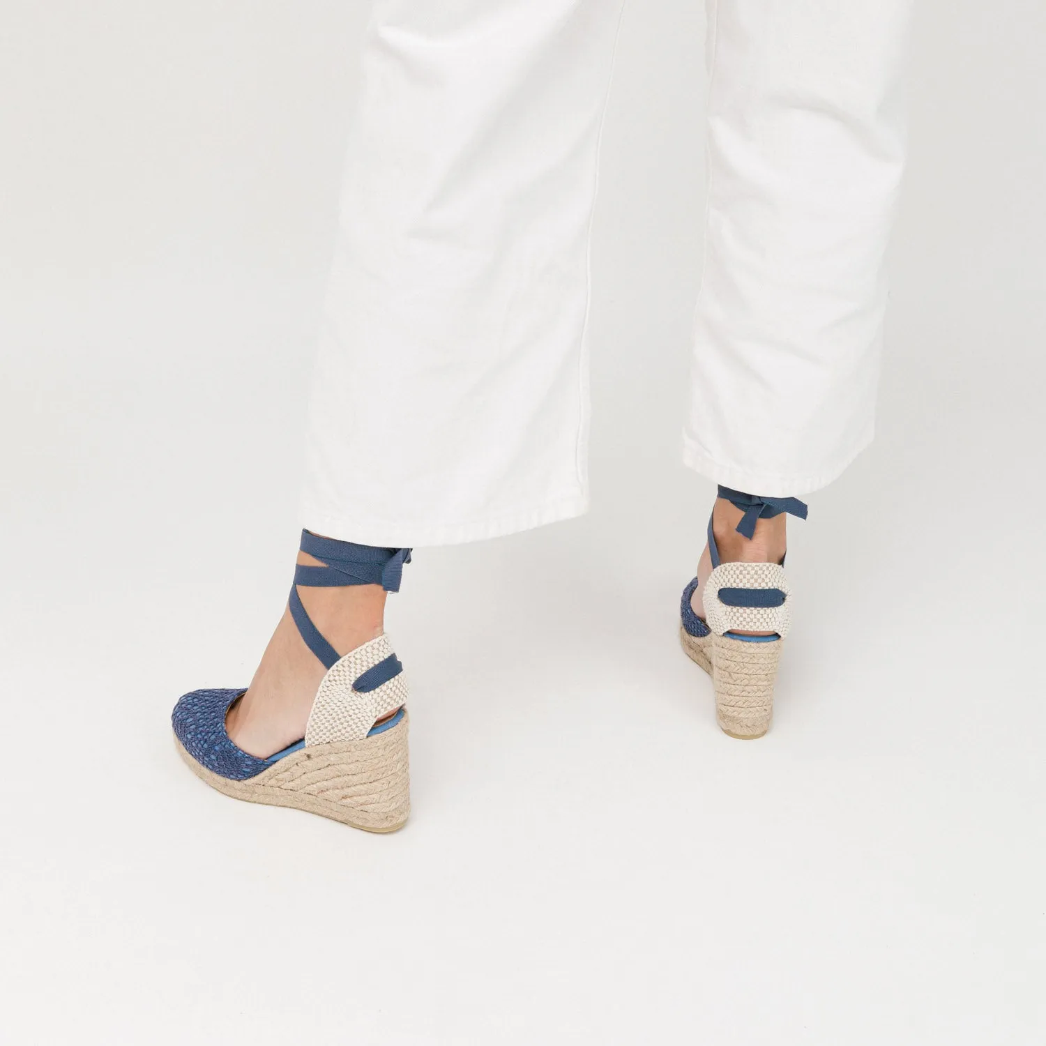 Indigo Blue Wedge Lace-Up Espadrilles with Lace Knitting