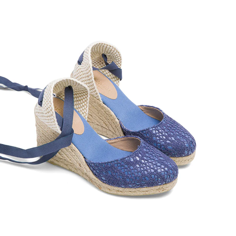 Indigo Blue Wedge Lace-Up Espadrilles with Lace Knitting