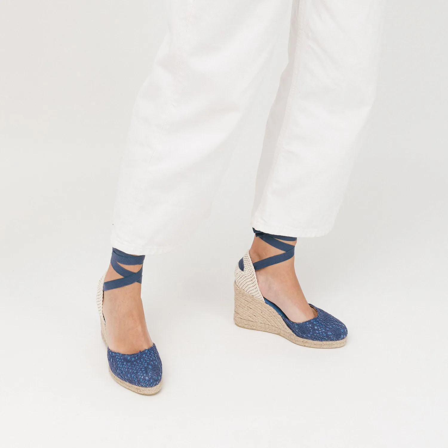 Indigo Blue Wedge Lace-Up Espadrilles with Lace Knitting