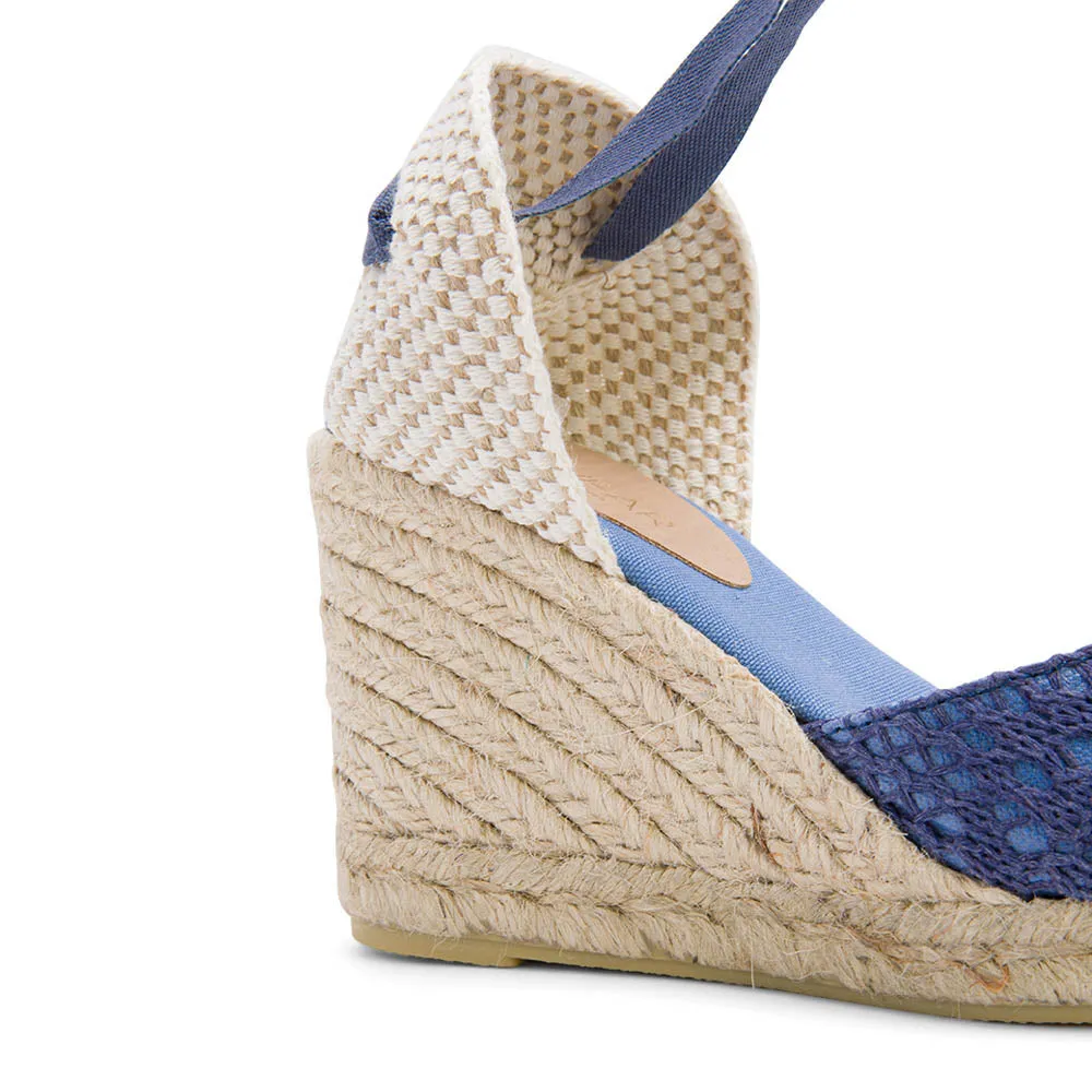 Indigo Blue Wedge Lace-Up Espadrilles with Lace Knitting