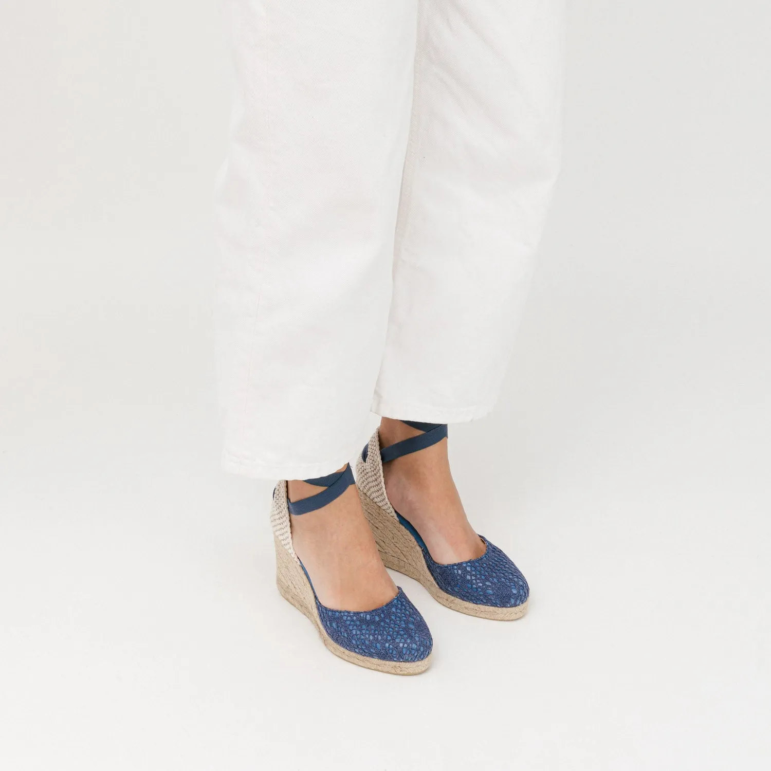Indigo Blue Wedge Lace-Up Espadrilles with Lace Knitting
