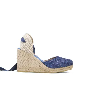 Indigo Blue Wedge Lace-Up Espadrilles with Lace Knitting