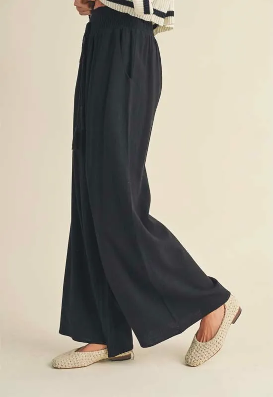 Linen Smocked Waist Pant with Tassel - Black
