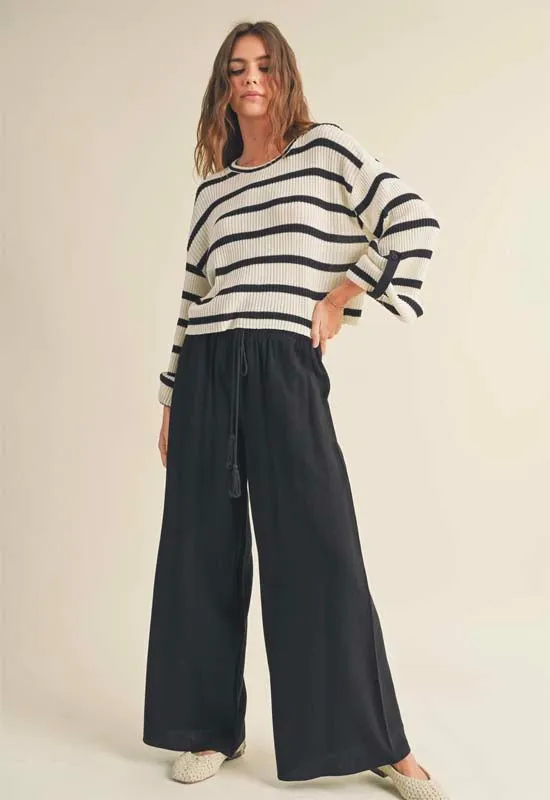Linen Smocked Waist Pant with Tassel - Black