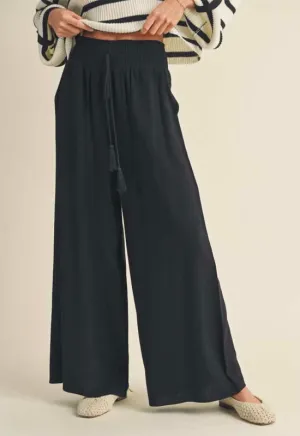 Linen Smocked Waist Pant with Tassel - Black