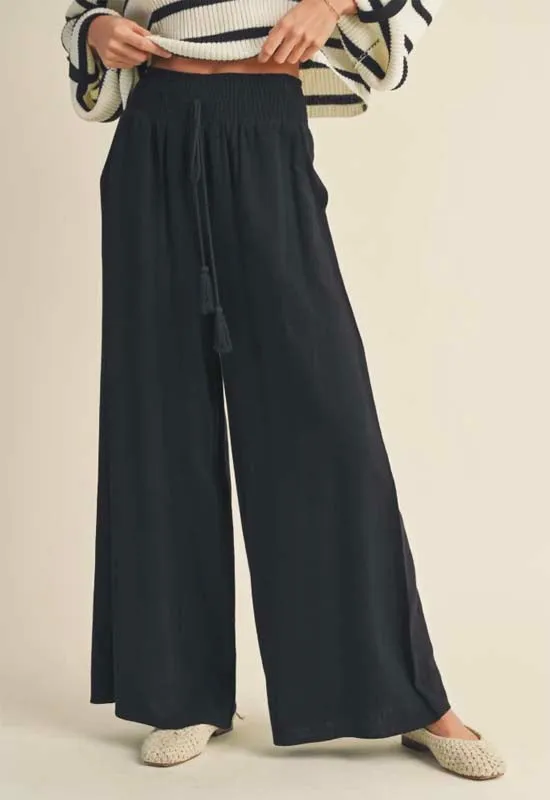 Linen Smocked Waist Pant with Tassel - Black