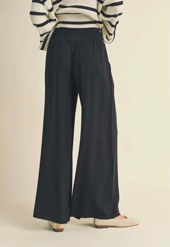 Linen Smocked Waist Pant with Tassel - Black