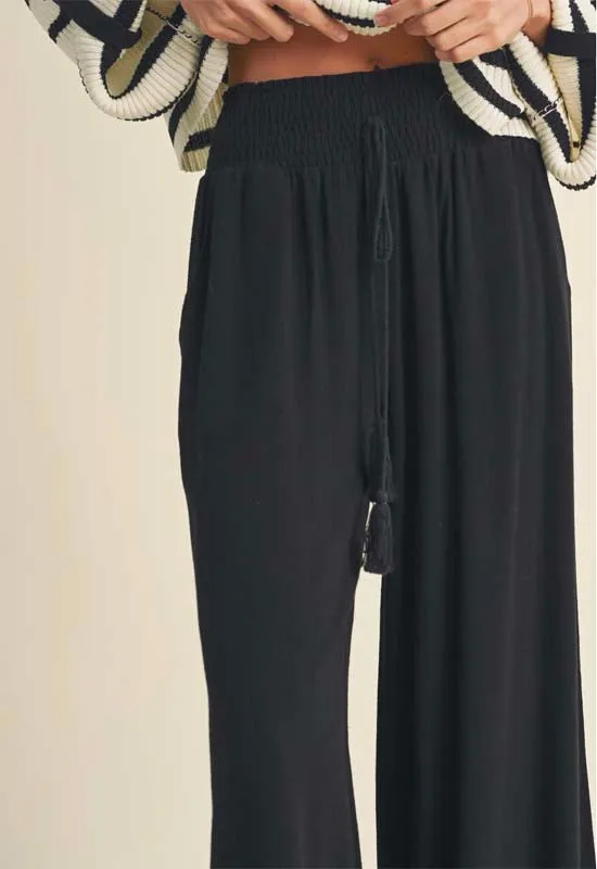 Linen Smocked Waist Pant with Tassel - Black