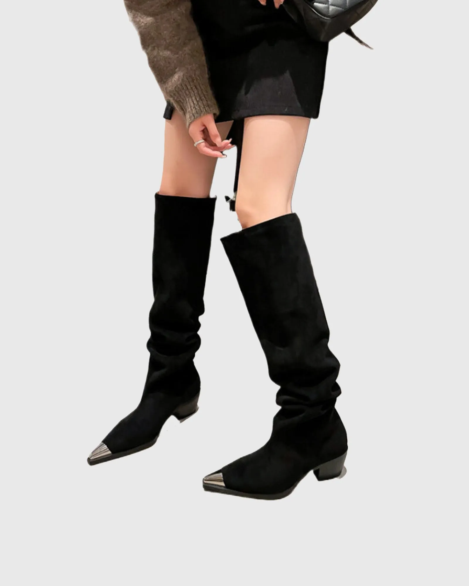 Mirta Metal Toe Velvet Knee High Boots In Black