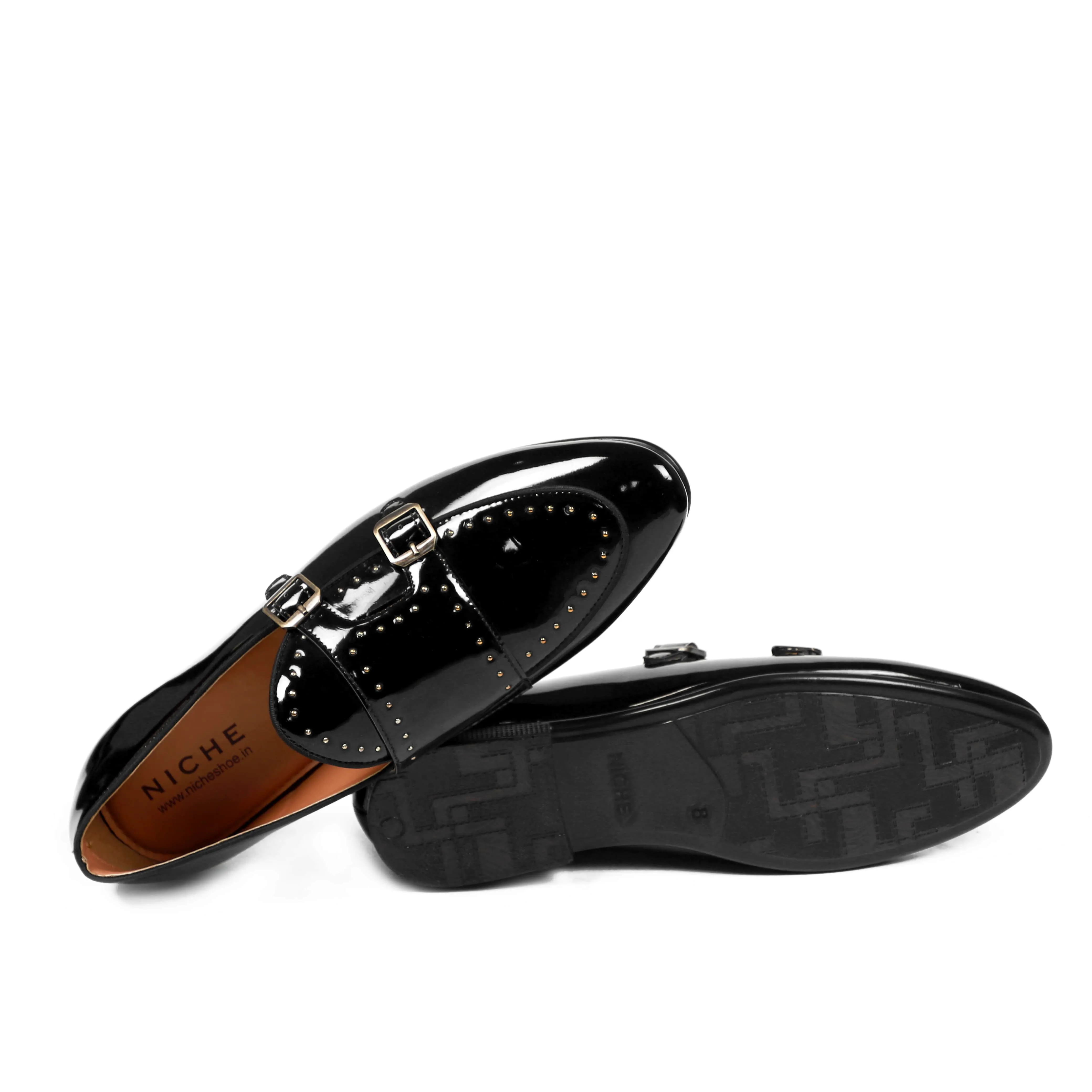 NICHE Black Patent Gold Studded Belgian Loafer
