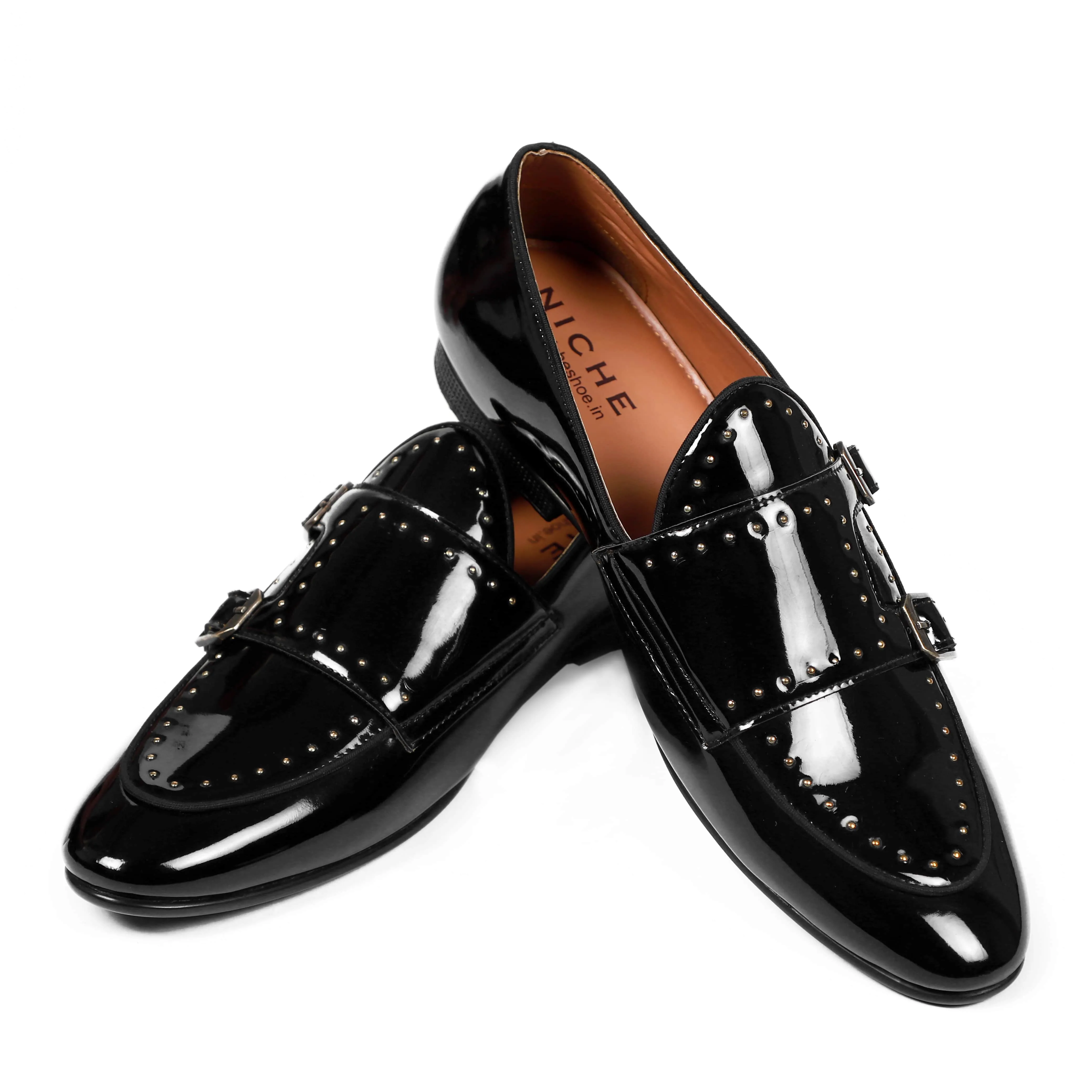 NICHE Black Patent Gold Studded Belgian Loafer
