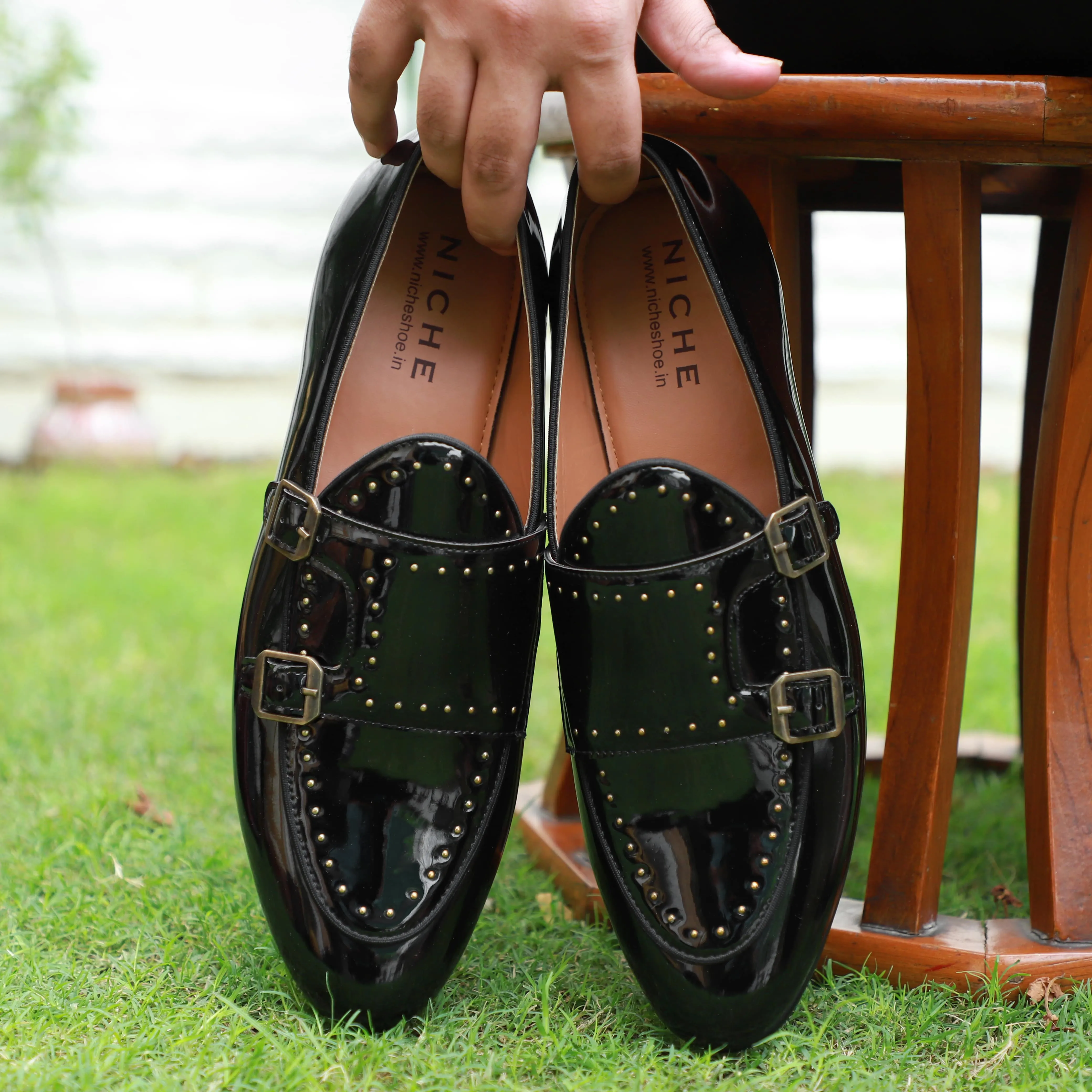 NICHE Black Patent Gold Studded Belgian Loafer
