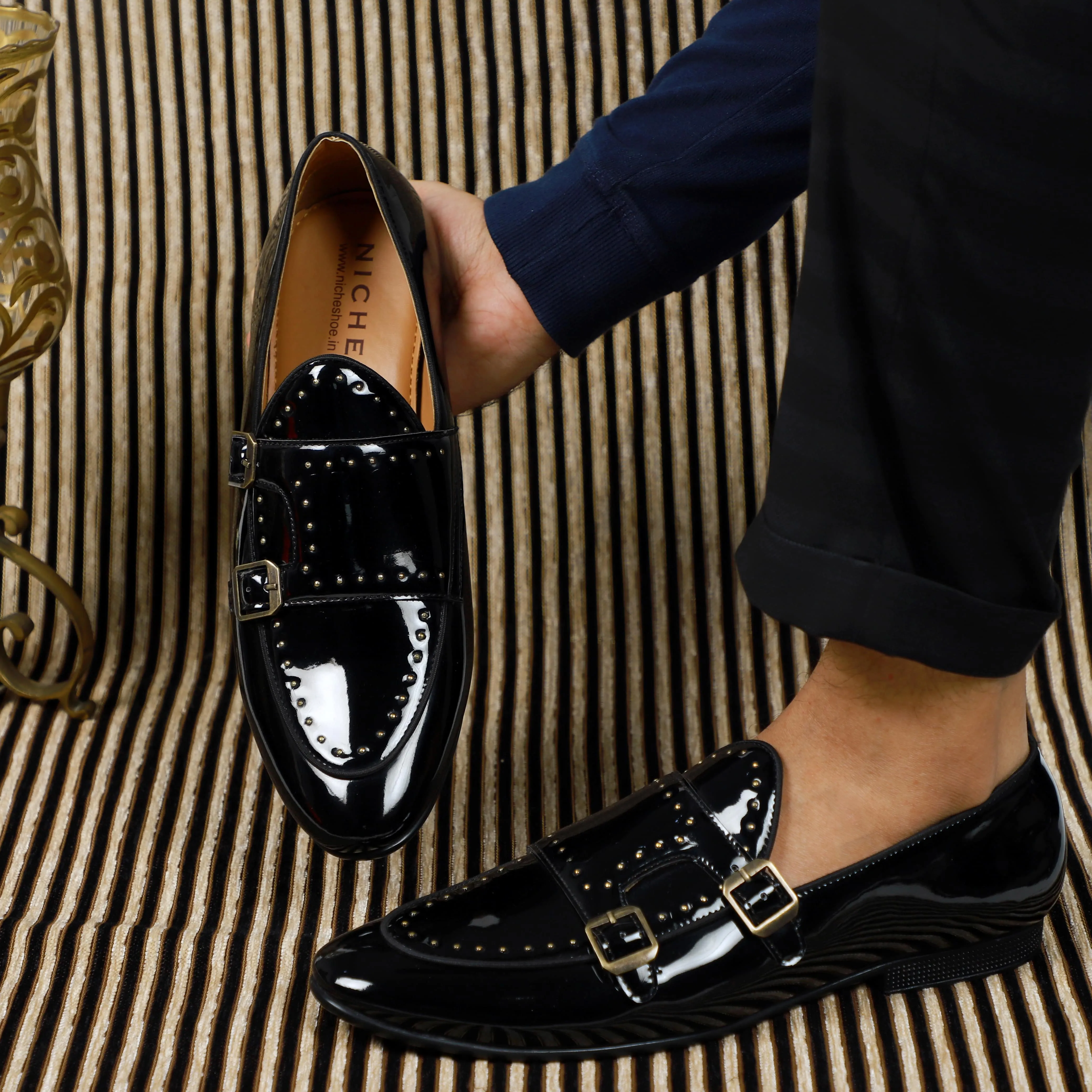 NICHE Black Patent Gold Studded Belgian Loafer