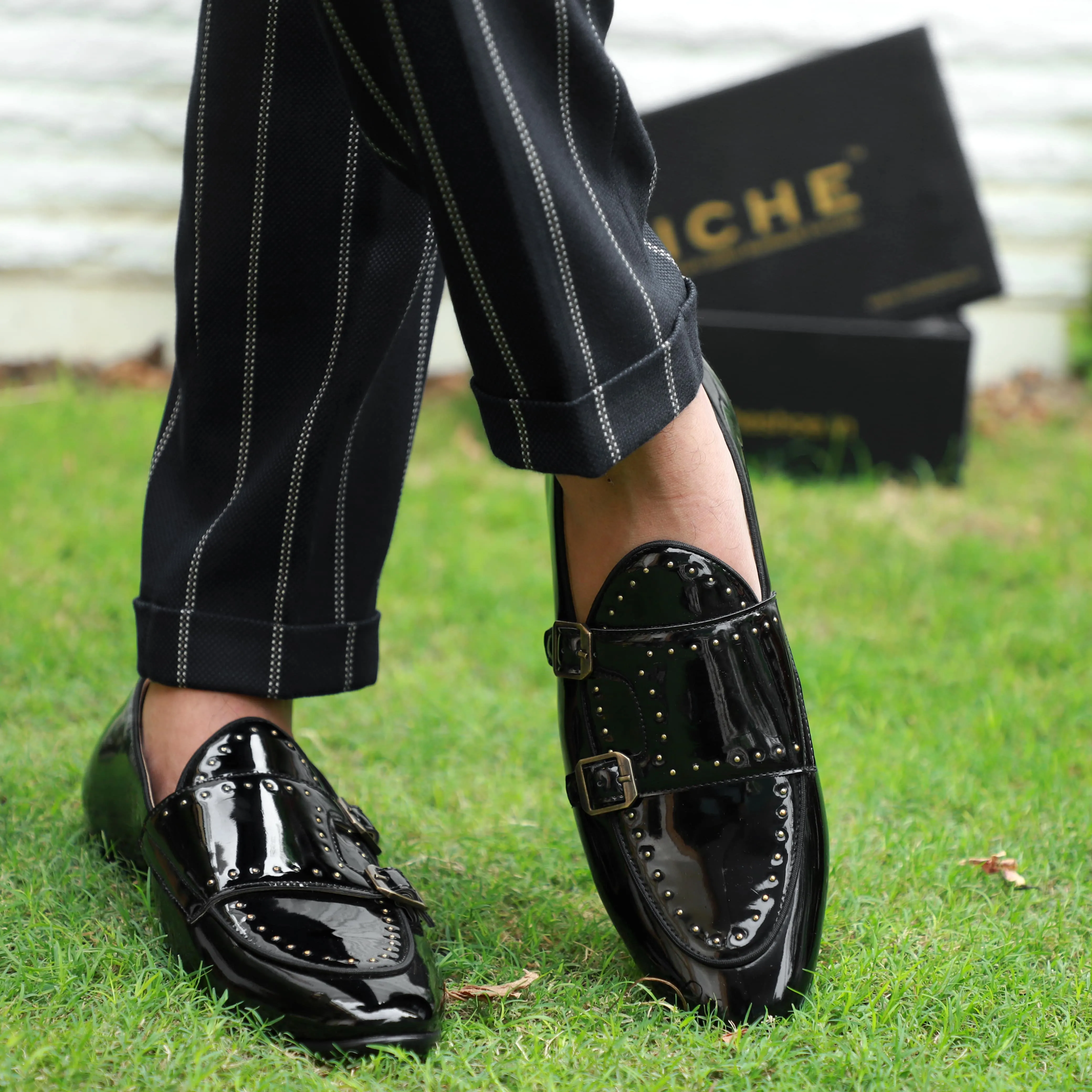 NICHE Black Patent Gold Studded Belgian Loafer