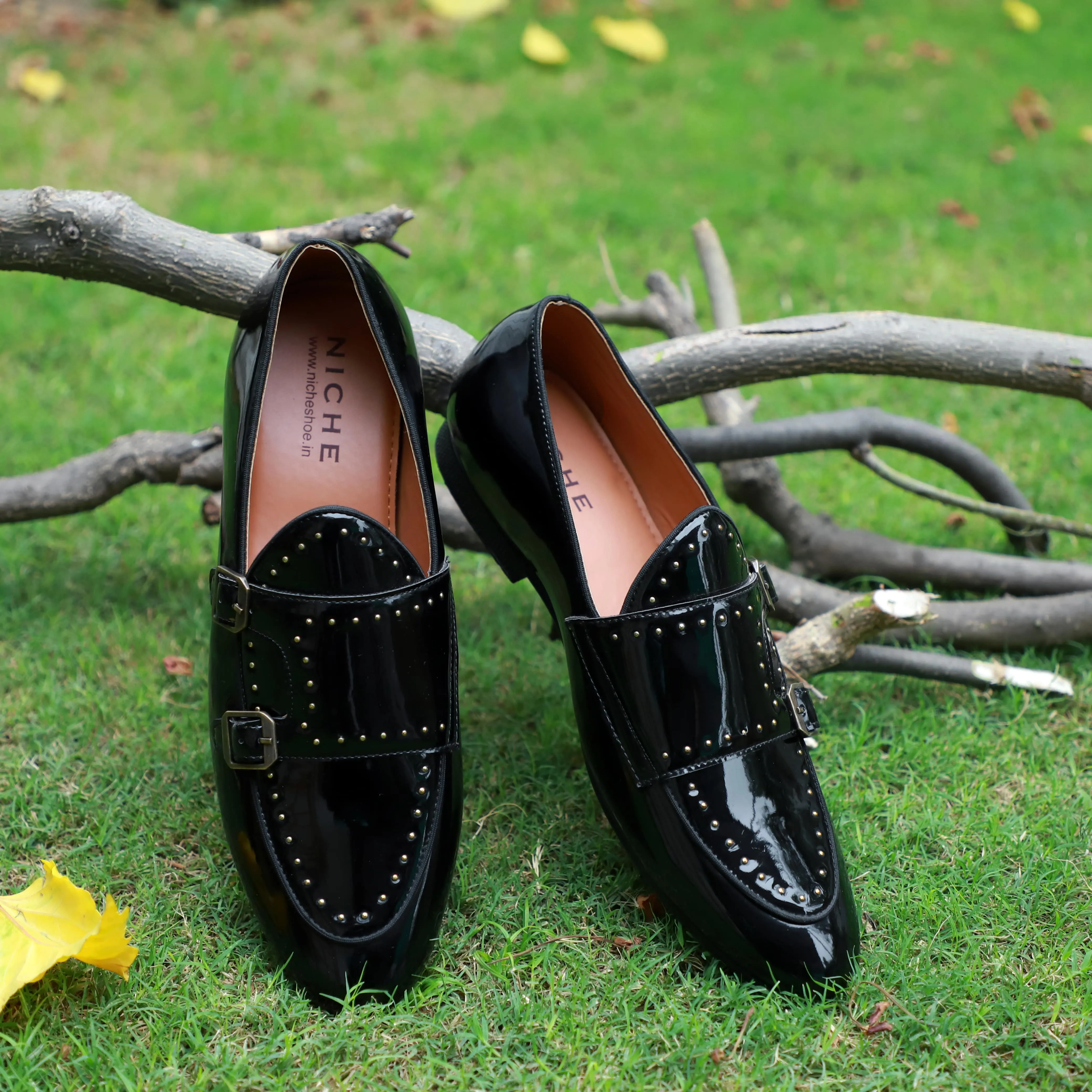 NICHE Black Patent Gold Studded Belgian Loafer
