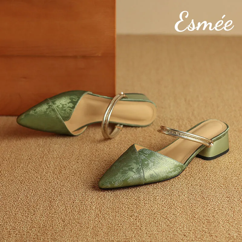 Patterned Fabrics High Heel Mules with Metallic Double Straps