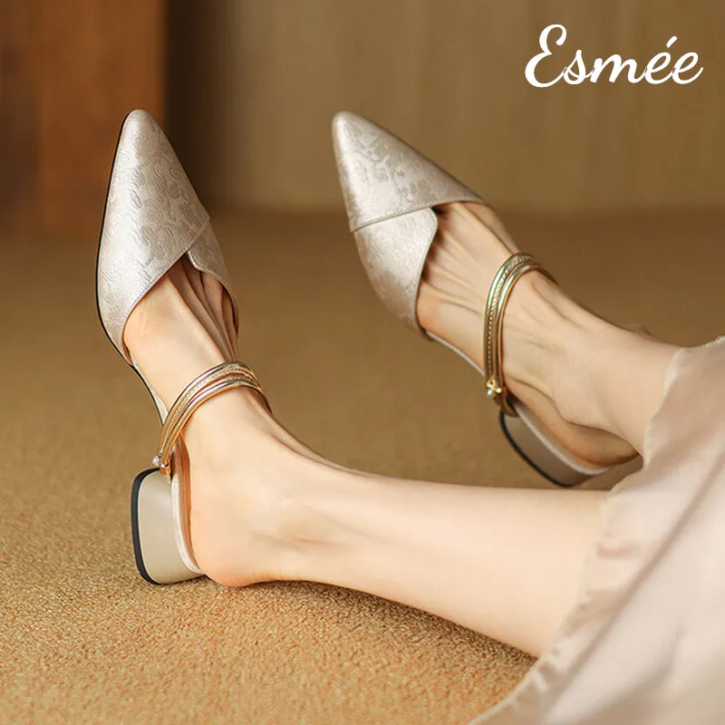 Patterned Fabrics High Heel Mules with Metallic Double Straps