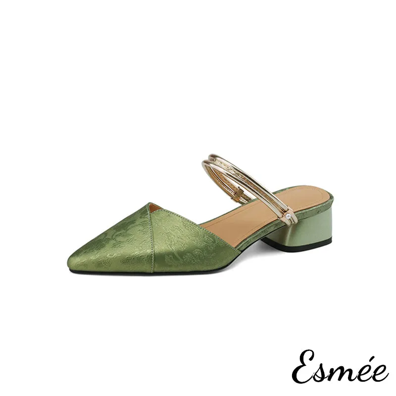 Patterned Fabrics High Heel Mules with Metallic Double Straps