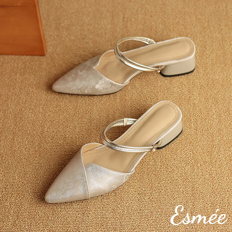 Patterned Fabrics High Heel Mules with Metallic Double Straps