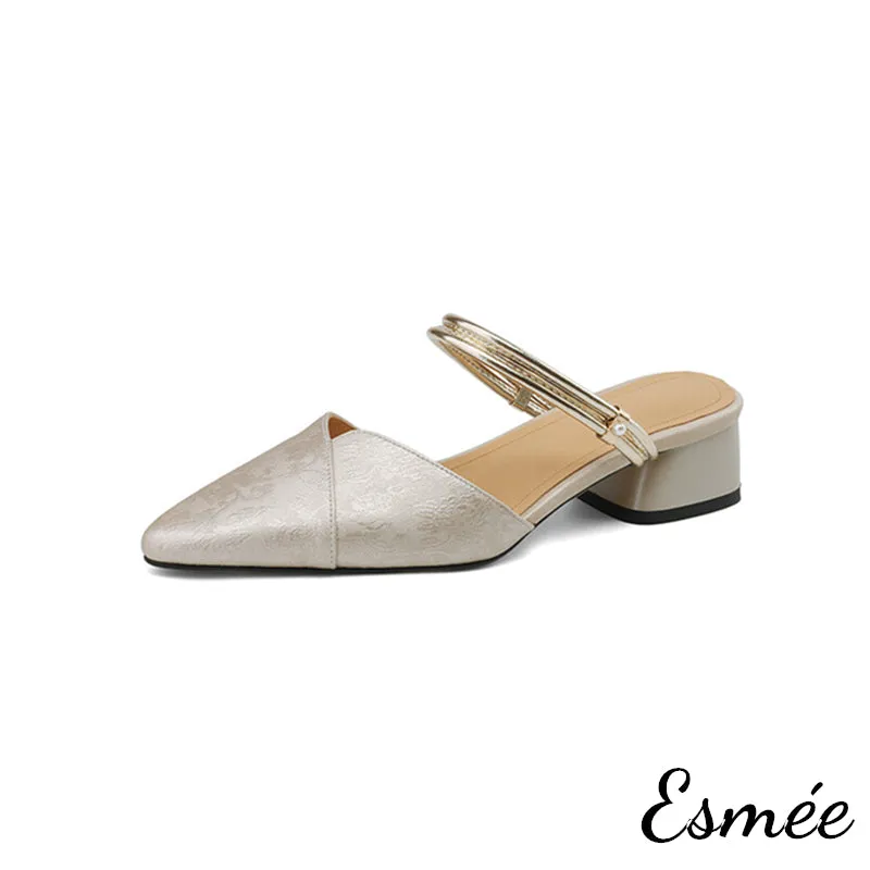 Patterned Fabrics High Heel Mules with Metallic Double Straps