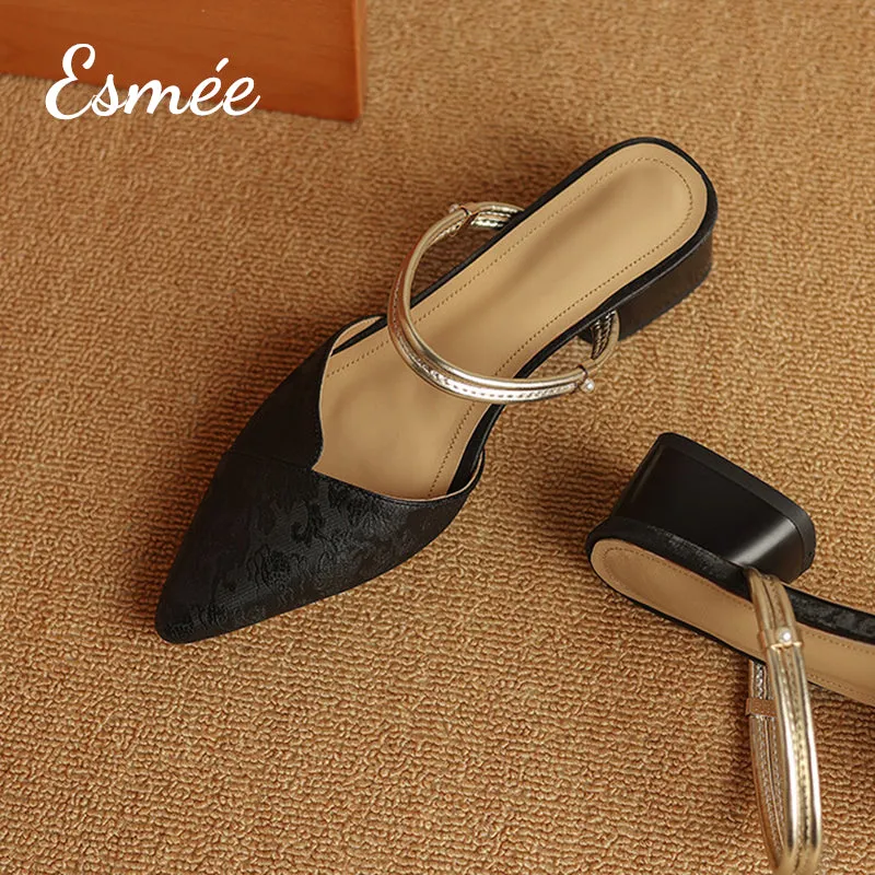Patterned Fabrics High Heel Mules with Metallic Double Straps