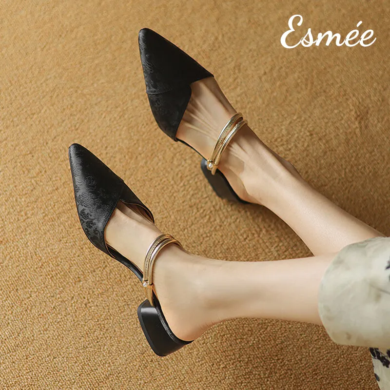 Patterned Fabrics High Heel Mules with Metallic Double Straps