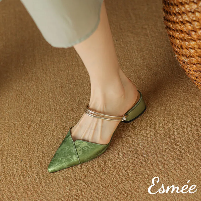 Patterned Fabrics High Heel Mules with Metallic Double Straps