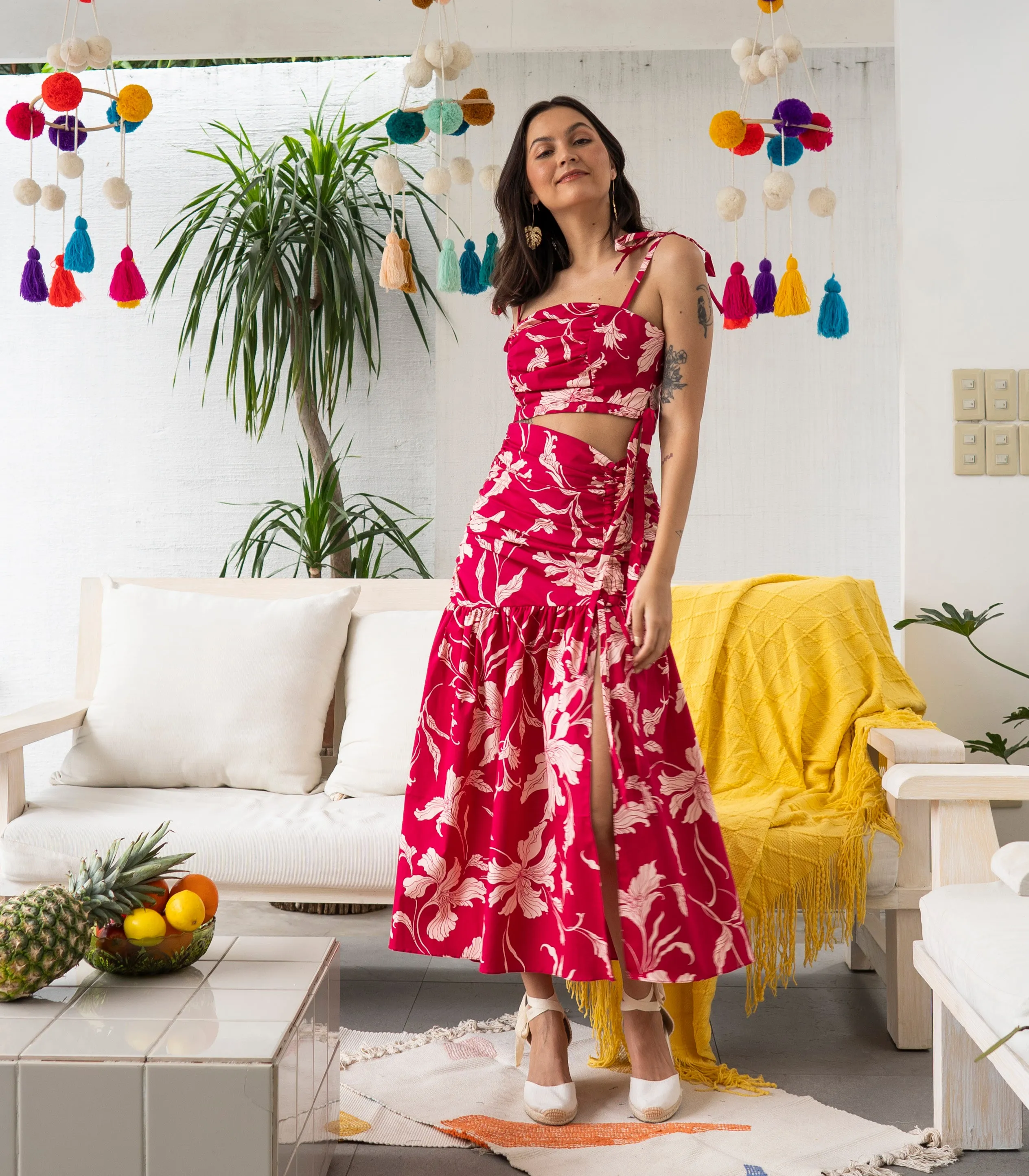 Pretoria Ribbon Tie Top and Ruched Skirt Set (Pink Floral)
