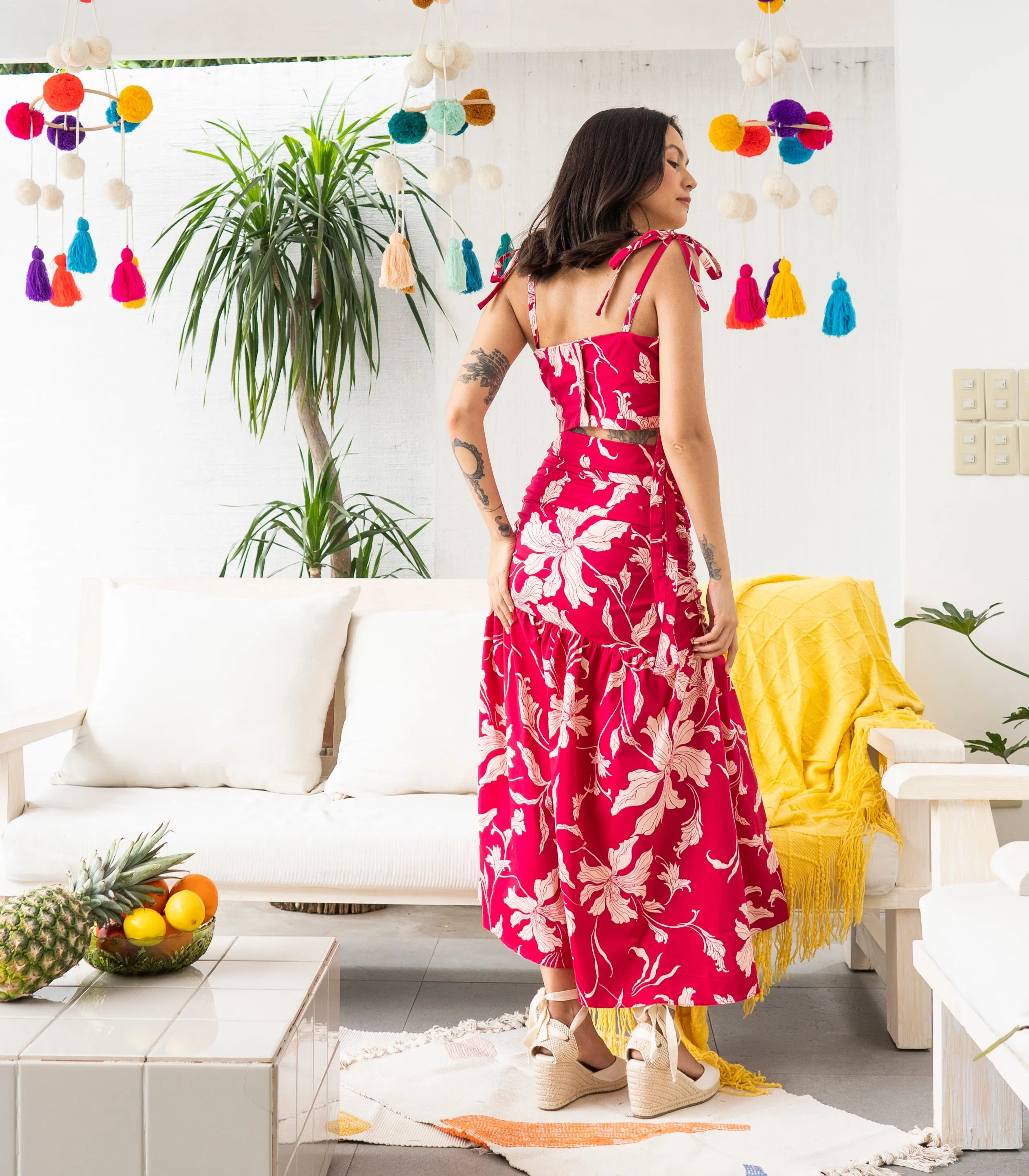 Pretoria Ribbon Tie Top and Ruched Skirt Set (Pink Floral)