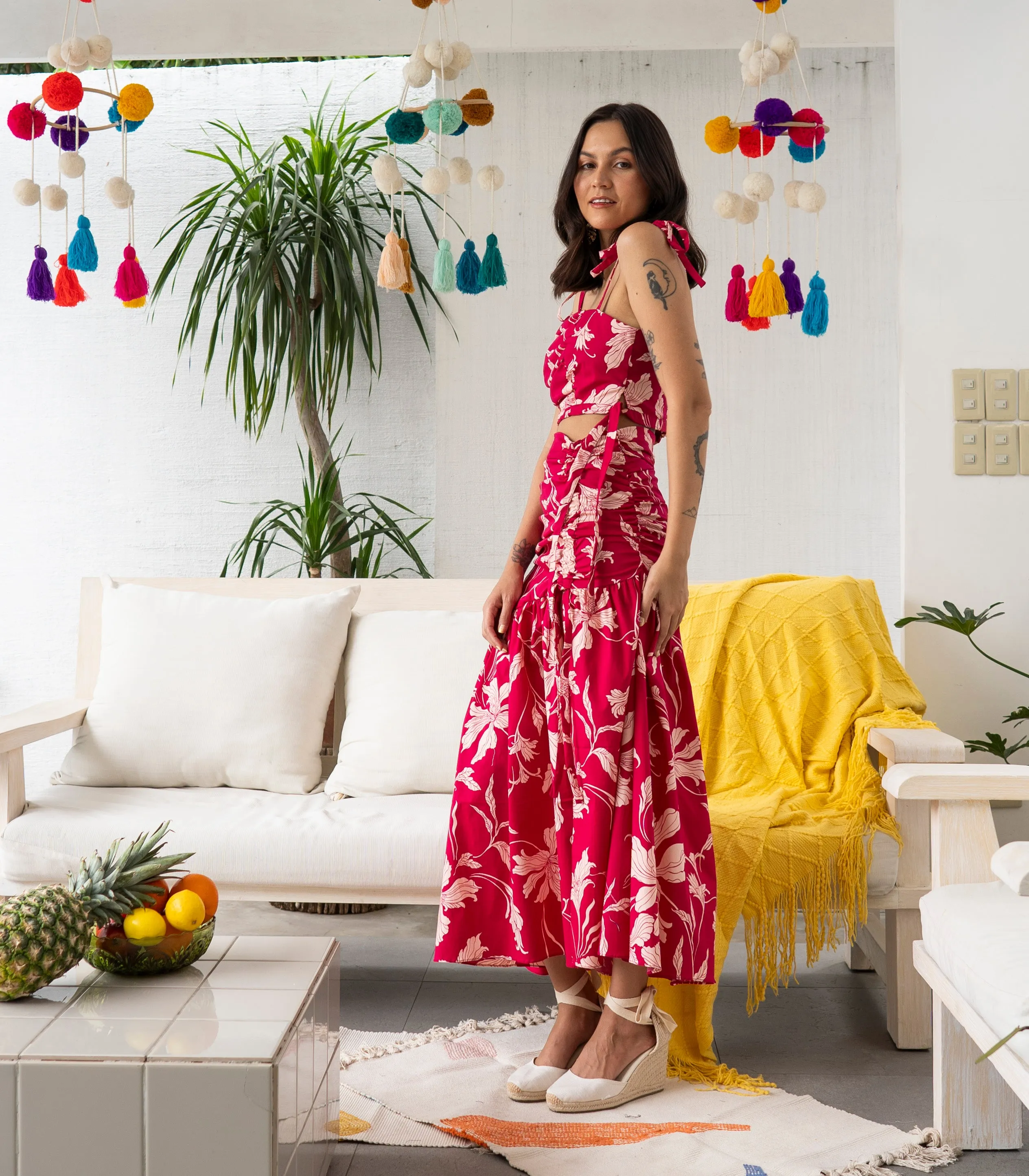 Pretoria Ribbon Tie Top and Ruched Skirt Set (Pink Floral)